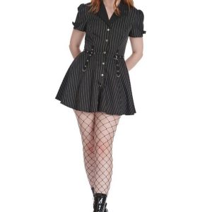 Banned A-Linien-Kleid Black Core Button Up Nadelstreifen Goth Pin Stripe