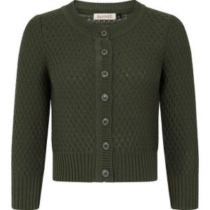 Banned Strickjacke Fara Cardigan Oliv Vintage Wabenmuster Baumwolle