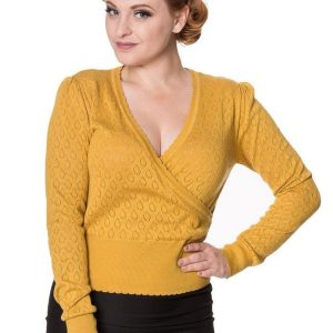 Banned Strickpullover Basic Instinct Gelb Vintage Rockabilly Wickeltop