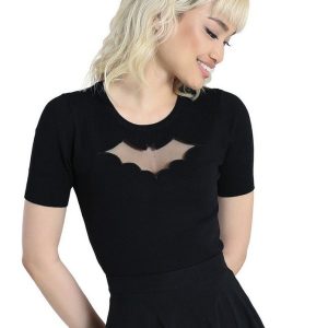 Hell Bunny Stricktop Bat Top Schwarz Vintage Rockabilly Retro Gothic Goth